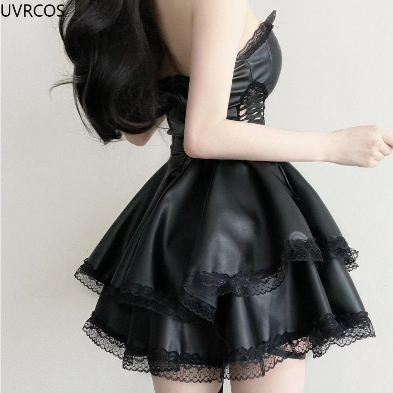 Gothic Punk Style Black Party Mini Dress Women Sexy Hollowed Out Bandage PU Leather Strapless Dresses Sweet Girls Y2K Lace Dress Only cardigan / XL Gothic Punk Style Black Party Mini Dress Women Sexy Hollowed Out Bandage PU Leather Strapless Dresses Sweet Girls Y2K Lace Dress Only cardigan / XL