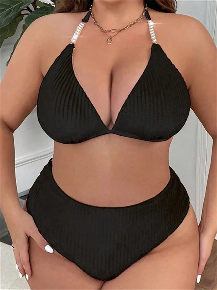 2024 Women Large Size Swimsuit Black White Pearls Strap Push Up High Waist Bikini Set Summer Beach Bathing Suit Swimwear Tankini