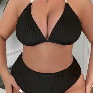 2024 Women Large Size Swimsuit Black White Pearls Strap Push Up High Waist Bikini Set Summer Beach Bathing Suit Swimwear Tankini