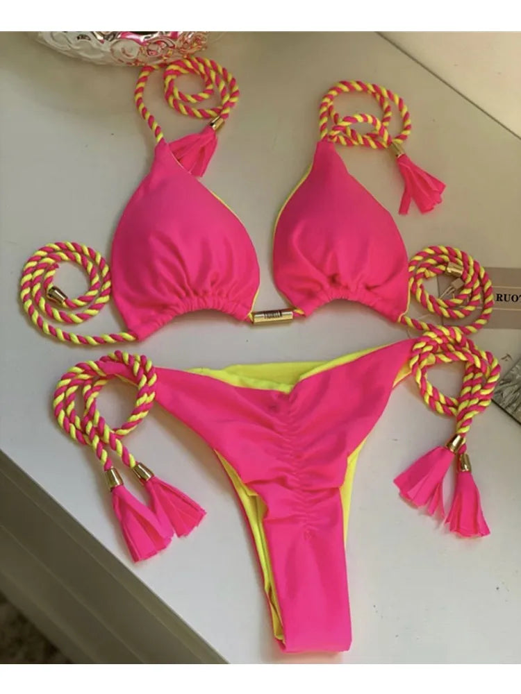 Women Low Cut Bikini Sets Ladies Huge Rope Swimsuit Sexy Push Up Two Pieces Bathing Suits 2022 Summer Micro Swimwear