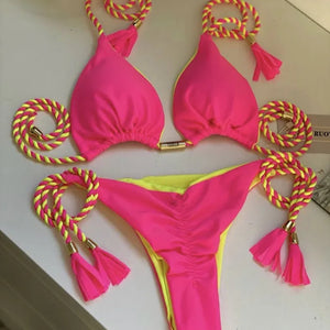 Women Low Cut Bikini Sets Ladies Huge Rope Swimsuit Sexy Push Up Two Pieces Bathing Suits 2022 Summer Micro Swimwear