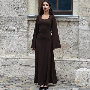 Tossy Scoop Neck Lace-Up Ribbed Maxi Dress Female Long Sleeve Fashion Slim Loose Bandage Dress Autumn 2023 Solid Women Dress New