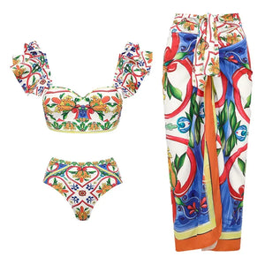 Retro Bikini Printed Fashion Two Piece Swimsuit And Cover Up With Pants Tight Women's Bandage Summer Beach Luxury Elegant