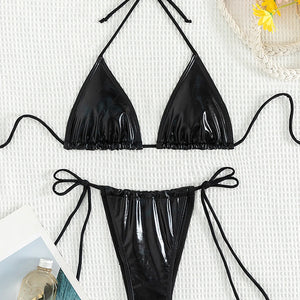 Sexy Micro Bikini 2024 Mujer Women Black Leather Push Up Tie Side Thong Swimsuit Brazilian Beach Bathing Suit Swimwear Biquini