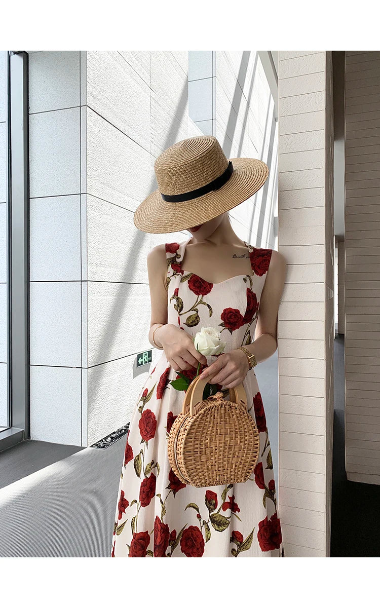 Women's Summer Elegant Floral Print Rose Strap Midi Dress Sleeveless Casual Beach Party Sundress Female Fashion A-Line Vestidos