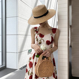 Women's Summer Elegant Floral Print Rose Strap Midi Dress Sleeveless Casual Beach Party Sundress Female Fashion A-Line Vestidos