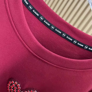 Plus Size 3D Love Towel Embroidery Women T-shirts 150kg XL-4XL Stamping Diamonds Female Tee 2024 Summer New Short Sleeve Top Y2k