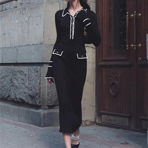 Tossy Ruffled Fashion Knit Dress Women Autumn Ribbed Contrast Long Sleeve High Waist Lapel Gown Dress Knitwear Ladies Maxi Dress