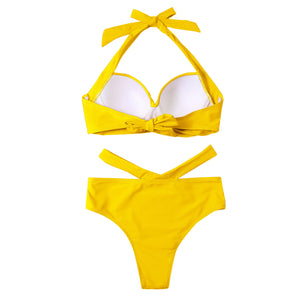 Sexy Yellow Ruched Women's Swimsuit Summer Elegant Push Up Bra High Waist Swiming Suits Ladies Hollow Out Bandage Swimwear