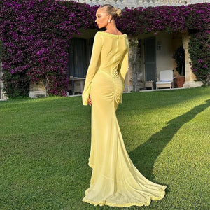 Nsauye Sexy Dress Summer Beach Women Long Sleeve Mesh Ruched Ruffles Maxi Wrap Cut Out Party Club Fashion Elegant Dress 2024