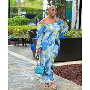 CM.YAYA Plus Size Women Floral Abstract Off Shoulder Long Sleeve Straight Loose Maxi Long Dress 2023 Summer Curve Fashion Dress