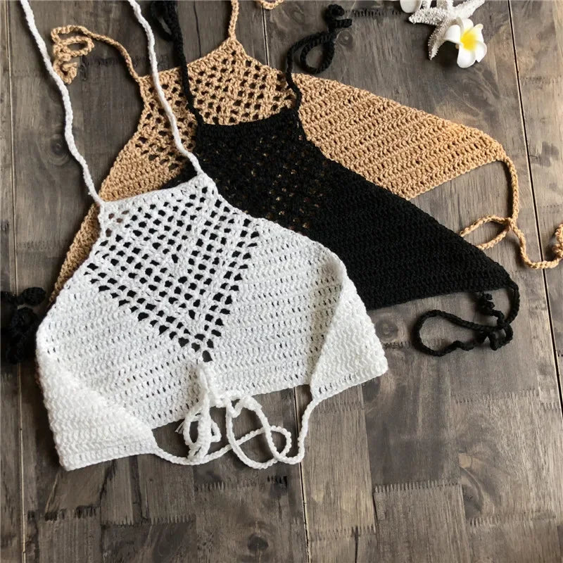 Hand Crochet Bikini Womens Sexy Beach Handmade Crochet Wrap Neck Bikini Bra Swimwear Swimwear Beachwear Womens Tops