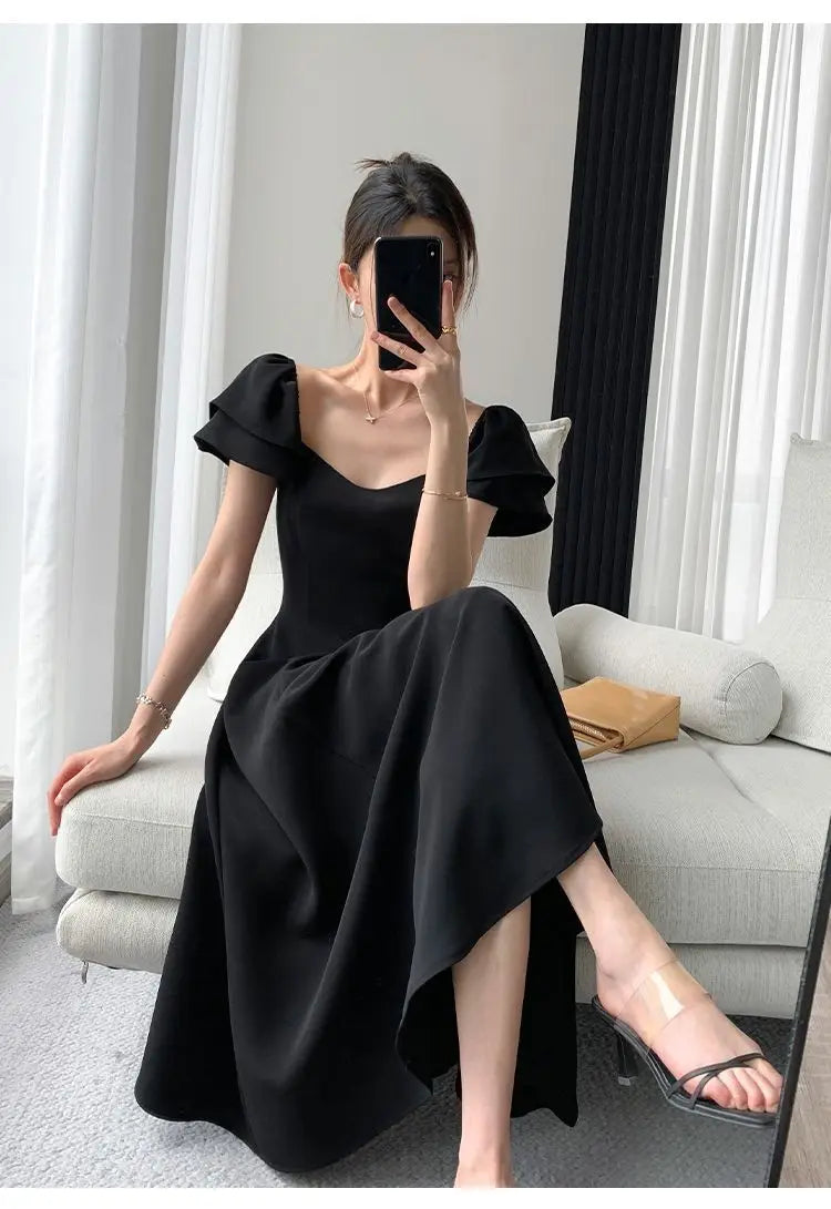Summer New Preppy Style Black Waist A-line Dress Lady Short Sleeve Elegant Fashion Vestidos Women Temperament Dresses Robe Femme Black / XXL