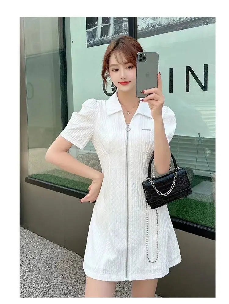 Summer Fashion Retro French Style Black White Chic Elegant Dresses for Women Casual Zipper Short Sleeve Slim Midi Dress Vestidos