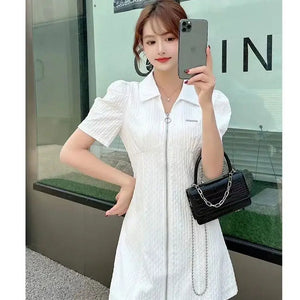 Summer Fashion Retro French Style Black White Chic Elegant Dresses for Women Casual Zipper Short Sleeve Slim Midi Dress Vestidos