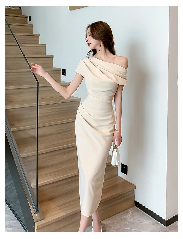 Elegant Off Shoulder Evening Party Dresses Women Summer Fashion Slim One Piece Solid Vestidos Korean Graduation Robe Clothing