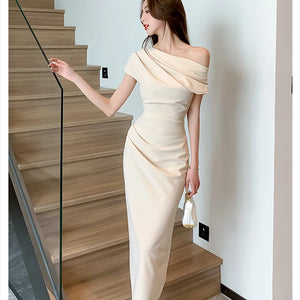 Elegant Off Shoulder Evening Party Dresses Women Summer Fashion Slim One Piece Solid Vestidos Korean Graduation Robe Clothing