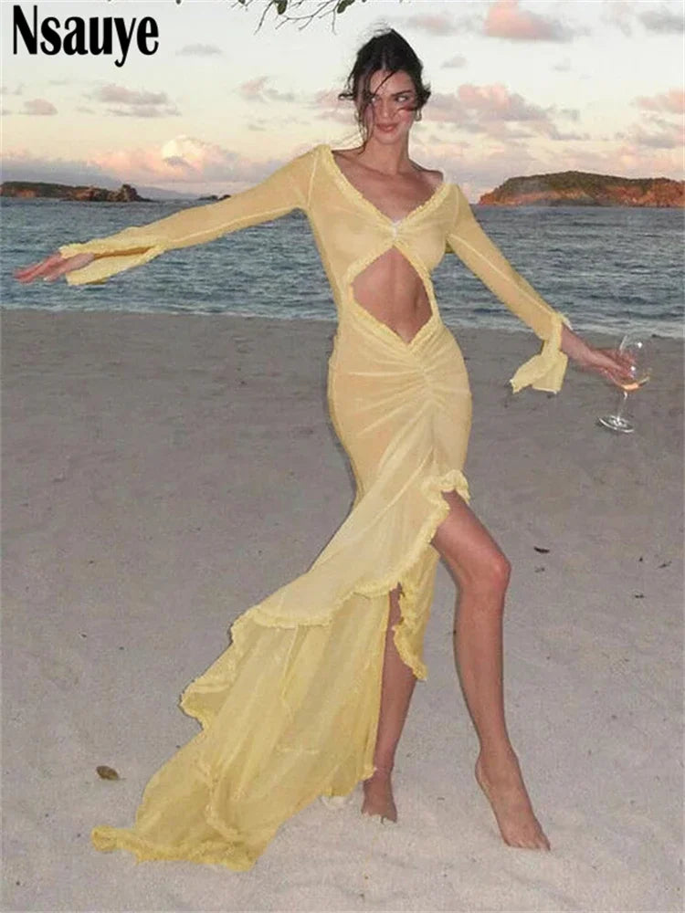 Nsauye Sexy Dress Summer Beach Women Long Sleeve Mesh Ruched Ruffles Maxi Wrap Cut Out Party Club Fashion Elegant Dress 2024