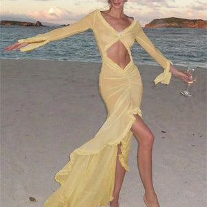 Nsauye Sexy Dress Summer Beach Women Long Sleeve Mesh Ruched Ruffles Maxi Wrap Cut Out Party Club Fashion Elegant Dress 2024