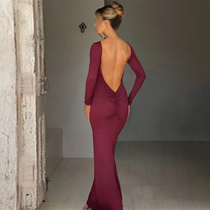 Autumn Winter Sexy Backless Bodycon Ruched Evening Party Maxi Long Dress Outfit for Women Long Sleeve Black Club Dresses Vestido