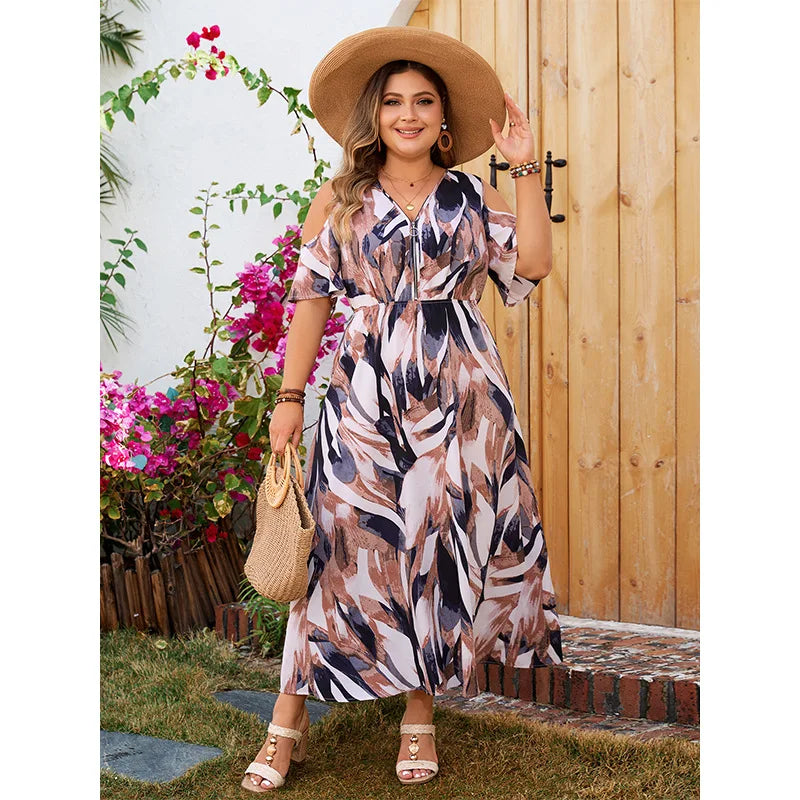 Plus Size Cold Shoulder Zipper V-Necked Women Dresses Short Sleeves A-Line Bohemia Long Robe Casual Loose Vacation Clothing