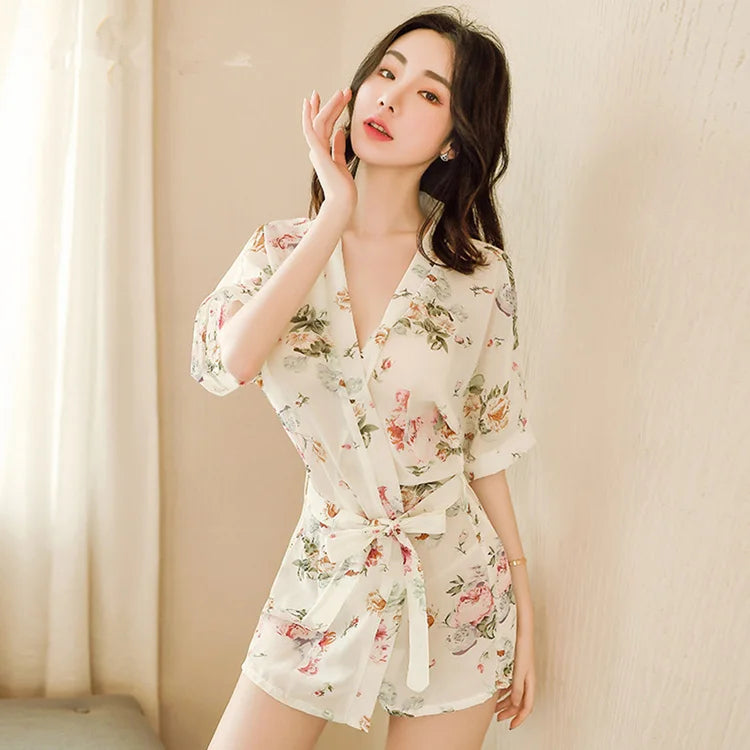 Fun Lingerie Japanese Kimono Temptation Uniform Womens Bathrobe Tulle Pajamas Printed Clothing Nightclub Costume Sexy Lady Set