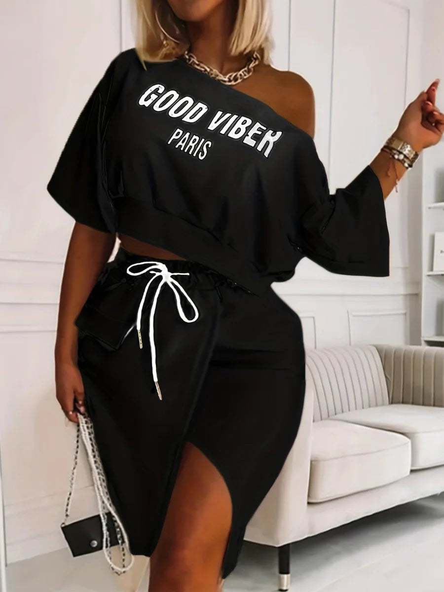 LW Plus Size Two Piece Good Viber One Shoulder Letter Print Set Crop Top+High Split Skirt Elegant Matching Outfits For Women