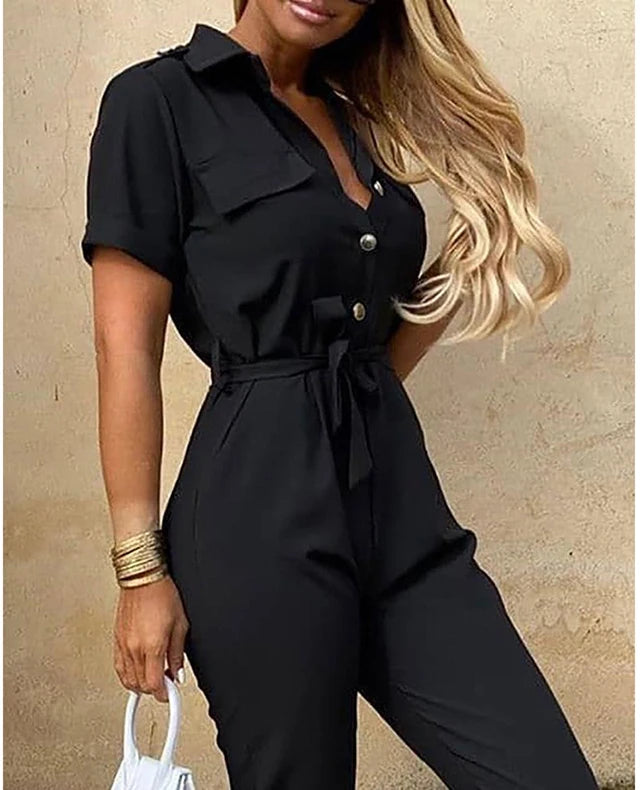 New Summer Jumpsuit Women Elegant Casual Lapel Buckle Printed Female Jumpsuit Woman Trousers Playsuit Overalls Bodysuit Romper