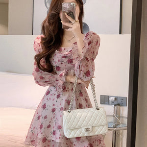 Dress Women Aesthetic Slim Floral A-line Spring Sweet Designed Vintage French Style Fashionable Gentle OL Leisure Holiday Temper