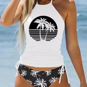 2024 Sexy Solid Print Tankini Set Tied Halter Swimsuit Women Swimwear Biquinis Summer Backless Beach Bathing Suit