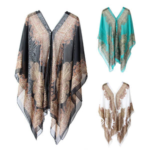 Woman Chiffon Blouse Fashion Women Scarf Shawl Printed Sunscreen Sun Protection Shawl Beach Shawl Soft Loose Bikini Cover Tops