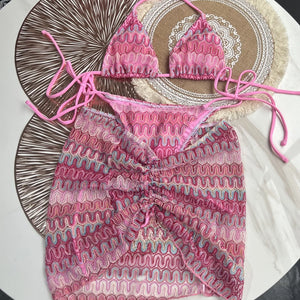 Knitting Skirt Three-Piece Suit European and American Sexy Bikini Striped Swimsuitbikiniwomenswimw