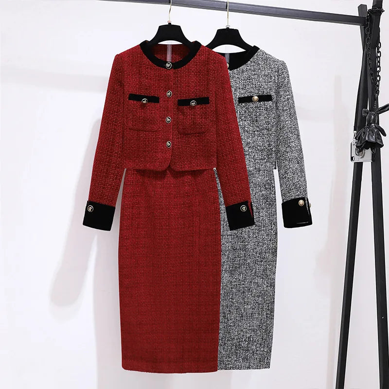 Women’s Trendy Tweed Two-Piece Set Vintage Chic Single Breasted Cropped Blazer Jacket+Long Skirt Suit Small Fragrant Outfits