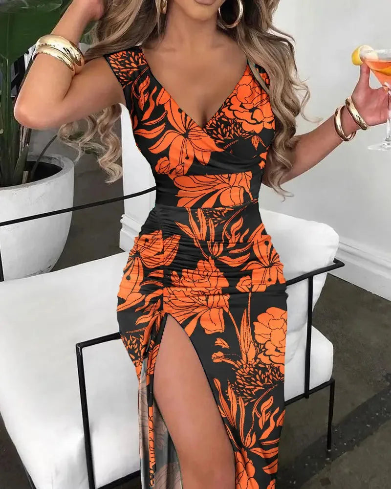 Summer Women Print Dress Fashion Casual Elegant V-neck Sleeveless Bodycon Beach Party Dresses Robe Femme 2024 New Vestidos