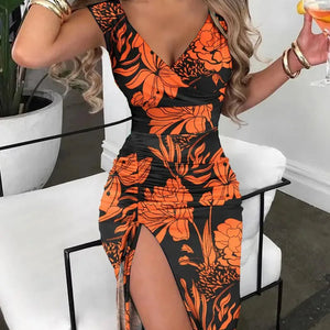 Summer Women Print Dress Fashion Casual Elegant V-neck Sleeveless Bodycon Beach Party Dresses Robe Femme 2024 New Vestidos