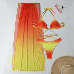 3 Piece Backless Bikinis & Long Beach Skirt Swimwear 2024 New Women Ring Link Swimsuit Lady Bathing Swimming Summer Beachwear