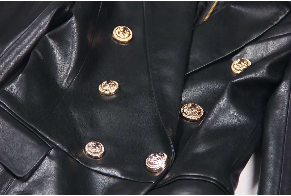 HIGH STREET Newest Fashion 2024 Designer Women's Lion Metal Buttons Faux Leather Blazer Dress