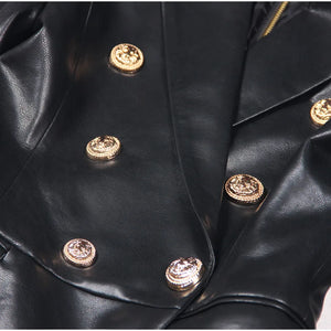 HIGH STREET Newest Fashion 2024 Designer Women's Lion Metal Buttons Faux Leather Blazer Dress