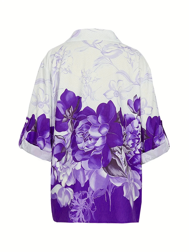 Plus Size 2024 Summer New Women's Printed Pattern Shirt Single Row Button Lapel Long Sleeve Shirt Polyester Material