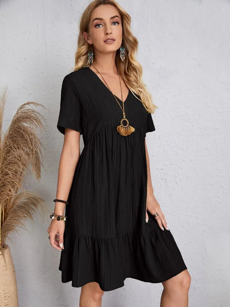 Vintage Solid Elegant Women Dress 2023 Summer Fashion Casual V-Neck High Waist A-Line Mini Dresses Lady Short Sleeve Party Dress