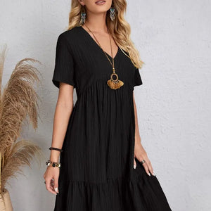 Vintage Solid Elegant Women Dress 2023 Summer Fashion Casual V-Neck High Waist A-Line Mini Dresses Lady Short Sleeve Party Dress