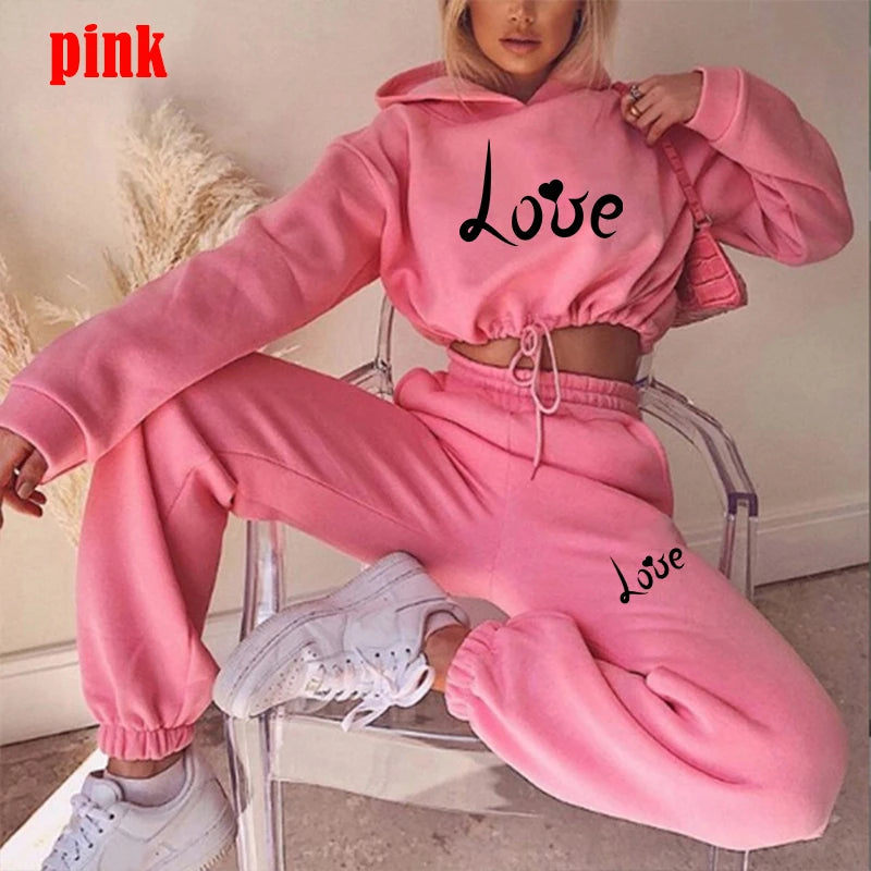 Womens Love Print Hoodie + Sweatpants 2-piece Sweat Suits Tracksuits Jogging Sports Suits Baseball Uniforms Track Suits Jogger