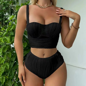 2024 New Wrinkled Underwired Female Swimsuit High Waist Bikini Women Swimwear Solid Bikini Set Bather Bathing Suit Swim Female