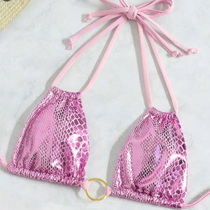 Sexy With Skirt Shiny Snake Skin Bikini Women Swimwear Female Swimsuit Three-pieces Bikini set Bather Bathing Suit Swim K4237