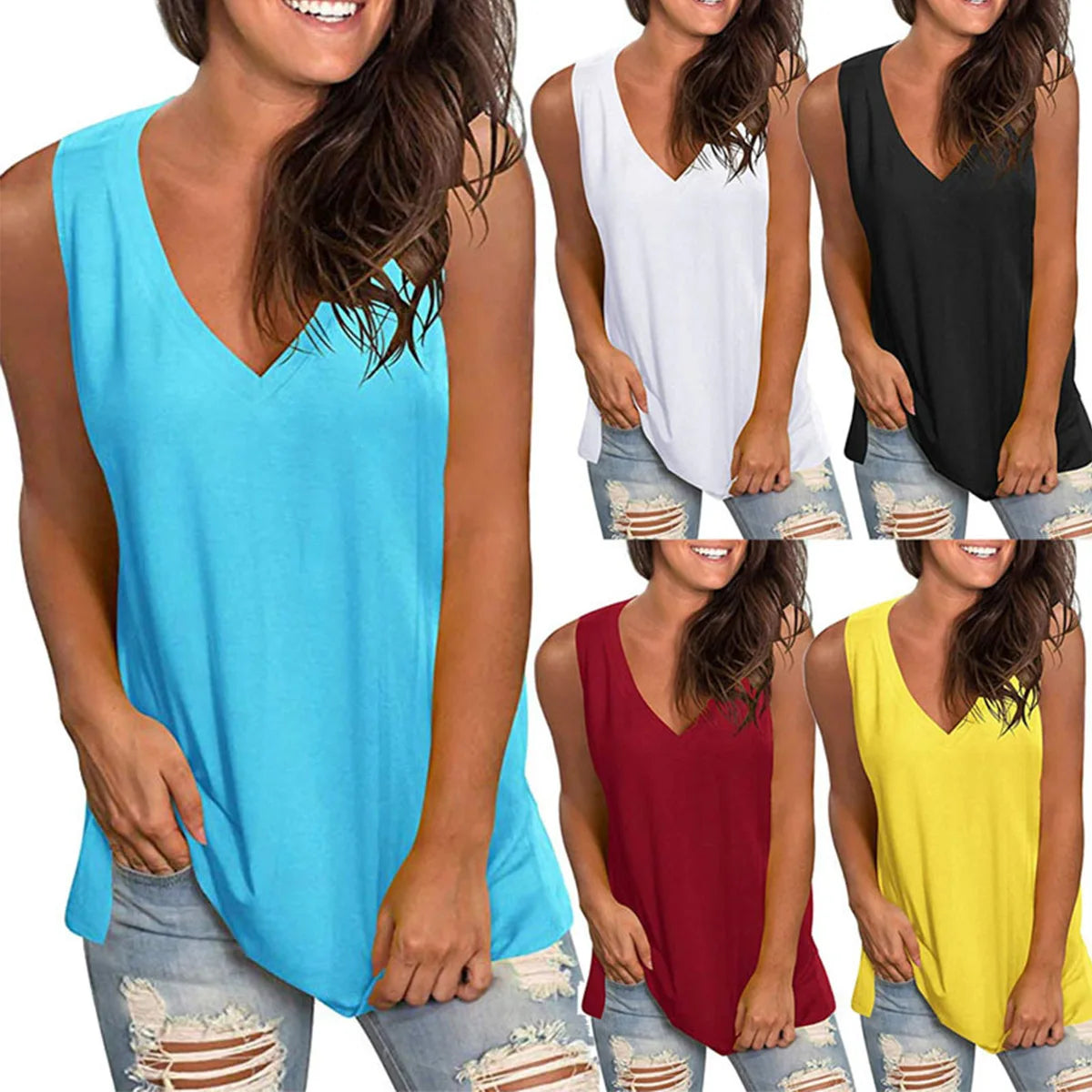 Plus size European and American solid color loose V-neck sleeveless T-shirt tops for women in large quantities in stock