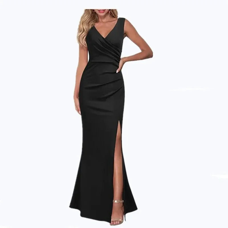 Women's Summer Sexy V-neck Halter Dress Slim Sleeveless Slit Long Dress Solid Color Fashion Dinner Party Temperament Dress