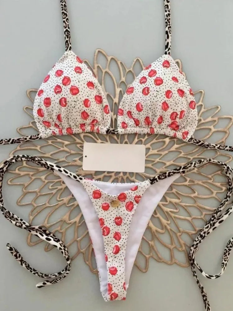 Swimwear Women Cute  Cherry Print Brazilian Thong Bikini Set Sexy Thong Swimsuit Two Pieces Bathing Suit Women 2023 Beach Wear