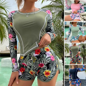 2 Pcs/Set Women Swimsuit Set Long Sleeves O Neck Floral Print Top Drawstring Elastic Waist Shorts Water Sports Top Shorts Set