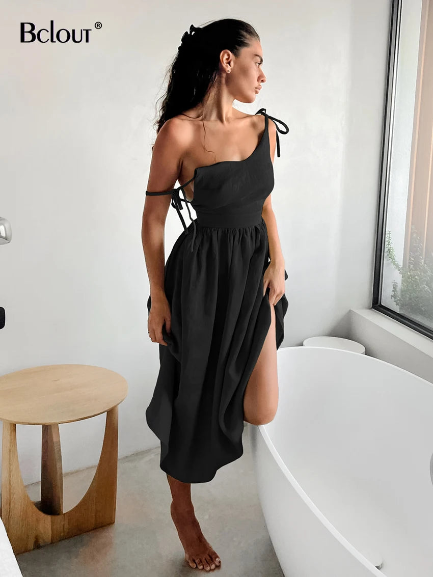 Bclout Fashion Brown Linen Long Dress Women 2024 Elegant Lace-Up Pockets A-Line Dresses Summer Sexy Backless Party Pleated Dress