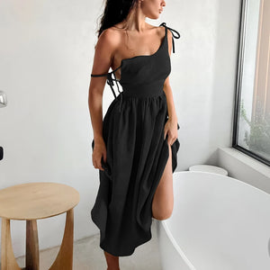 Bclout Fashion Brown Linen Long Dress Women 2024 Elegant Lace-Up Pockets A-Line Dresses Summer Sexy Backless Party Pleated Dress